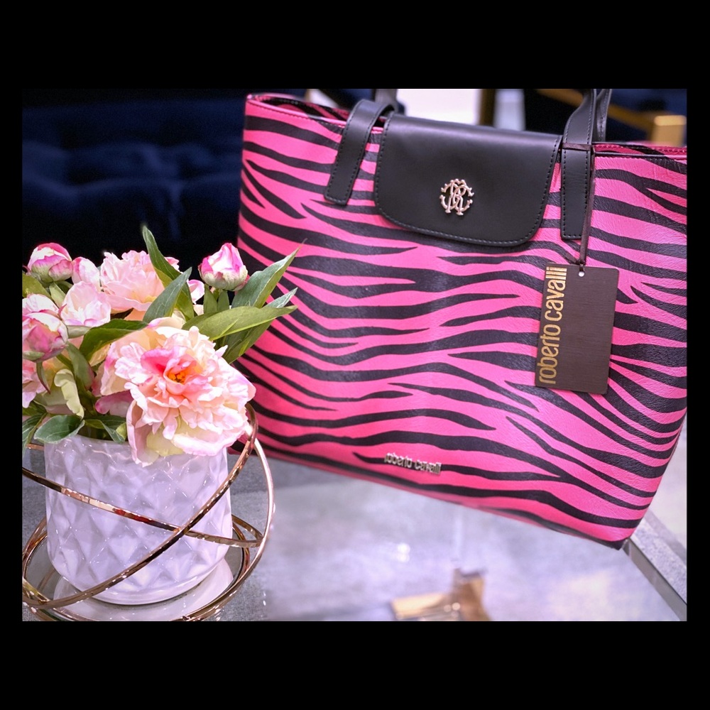 Roberto Cavalli NWT Pink Sleek LEATHER Tote Bag L
